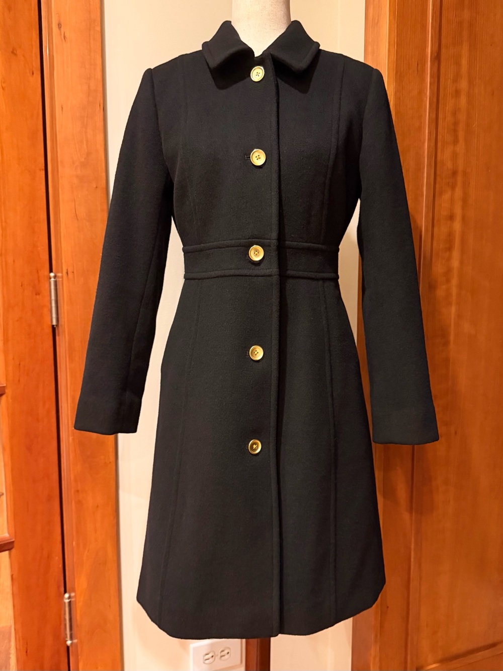 J. Crew Black Long-Sleeve Wool Lady Day Coat with Gold Buttons